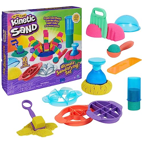 Kinetic Sand Juego Ultimate Sandisfying, 907 g de Arena para Jugar de Color Rosa, Amarillo y Azul Verdoso, 10 moldes y Herramientas, Juguetes sensoriales para niños a Partir de 7 años