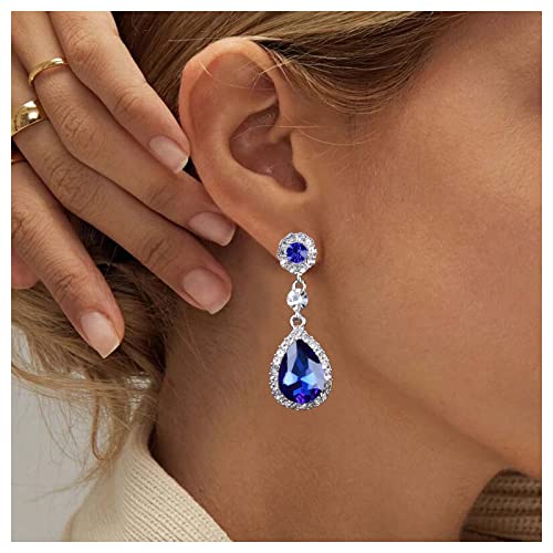 Allereya Vintage Zafiro Cristal Pendientes Colgantes Zafiro Azul Gota Pendientes Lagrima Zafiro Pendientes Plata Cz Colgante Pendientes Joyas Para Mujeres Y Niñas (azul)