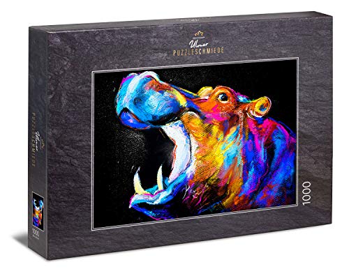 Ulmer Puzzleschmiede - Puzzle Funky Hippo: Puzzle de 1000 Piezas - Colorido Dibujo artístico de un hipopótamo sobre Fondo Negro