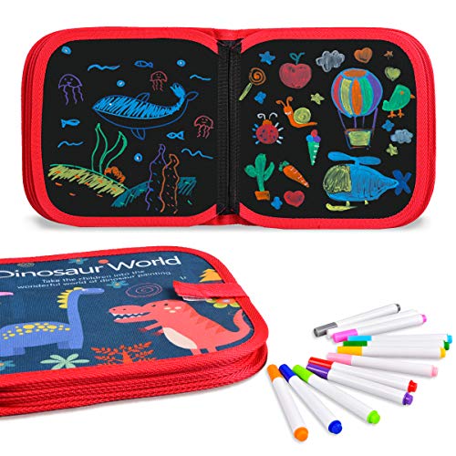 Miavogo - Libro para colorear para niños con 12 lápices de colores, tabla de dibujo, trapo de limpieza, reutilizable y portátil, con 14 páginas, motivo de dinosaurios