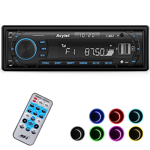 Radio Coche FM/Am 1 DIN, Avylet Autoradio Bluetooth 5.0 Soporta Bajo Profundo/Luz de Botón 7 Colores/Llamadas Manos Libres/AUX-IN/SD/U Disk, Control Remoto, 60W X 4, Carga Rápida