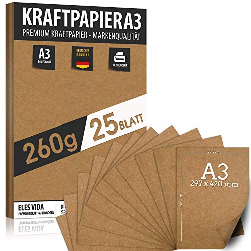 Hojas de papel Kraft A3 -260 g - 21 x 29,7 cm - Formato DIN EXACTO - Papel de artesanía y cartón natural Hojas de papel kraft de cartón Para la fabricación de cajas de cartón Regalos (25 hojas)