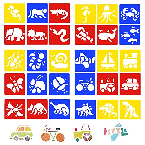 BUZIFU Plantillas de Dibujo(30 Unidades), Plantillas de Dibujo Infantil, Plantillas de Plástico Flexibles, Animales, Insectos, Transportes y Dinosaurios, para Aprenden a Dibujar de Forma Divertida
