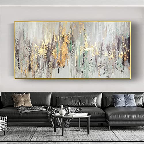 ZMFBHFBH Pintura al óleo abstracta moderna Textura de línea dorada Lienzo Imagen arte de la pared Para el hogar Sofá Fondo Habitación Obra de arte Decoración 60x120cm (24x47in) Con marco