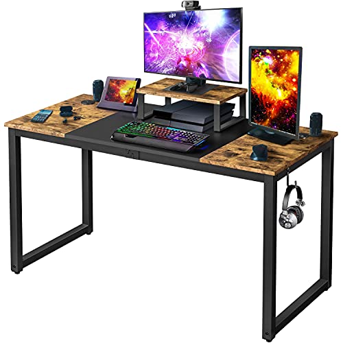 Yaheetech Mesa Escritorio con Soporte Monitor 140x60x89cm Escritorios de Oficina de Estilo Industrial Mesa de Ordenador para Trabajo Estudio Marrón Rústico con 2 Ojales para Cables/Gancho