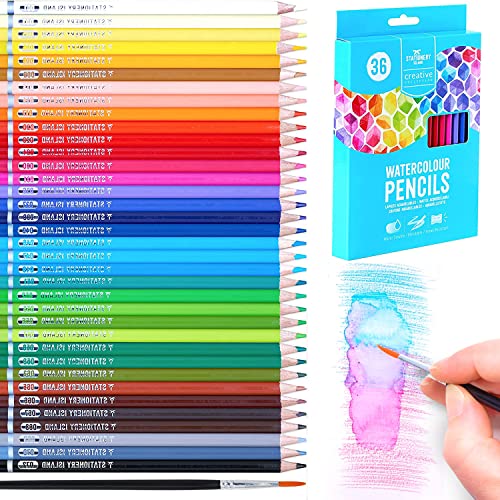 Lápices de Colores Acuarelables Watercolour Juego de 36 Lápices Acuarela con 1 Pincel Redondo Pequeño de Dibujo Profesionales, Ideales para Adultos Niños, Principiantes y Expertos Artistas