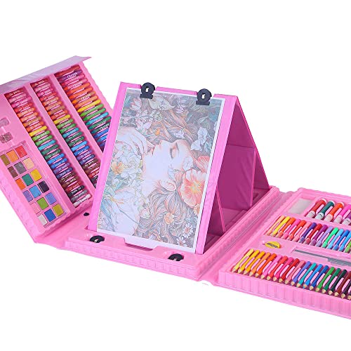 Super Mega Maletin Pinturas para Niños, 208 piezas Juegos de Dibujo, Pinturas para Niños, Acuarelas Niños, Lapices de Dibujo, Caballete Pintura (Rosa)