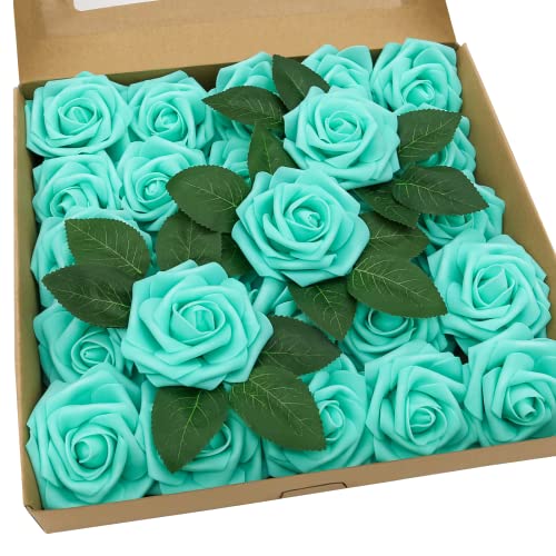 OWLKELA 25 Piezas de Rosas de Espuma Azul Verde, Rosas Artificiales Azul Verde, Rosas Falsas Azul Verde - A Menudo se Usan para Bodas, Día de San Valentín, Propuestas, Fiestas