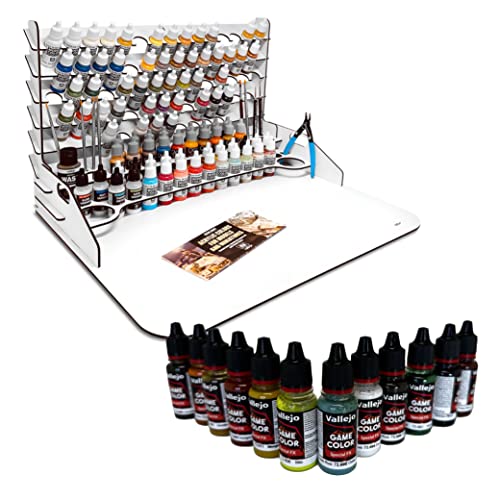 Pinturas Vallejo Nueva gama Reformulada de 12 pinturas Game Color Special FX y Paint Station Grande para Organizar Botes, Pinceles Miniaturas, Herramientas Modelismo