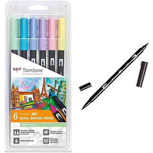 Tombow Set De 6 Rotuladores Dual Brush Colores Pastel + DUAL BRUSH N25 Rotulador doble punta pincel, Color negro