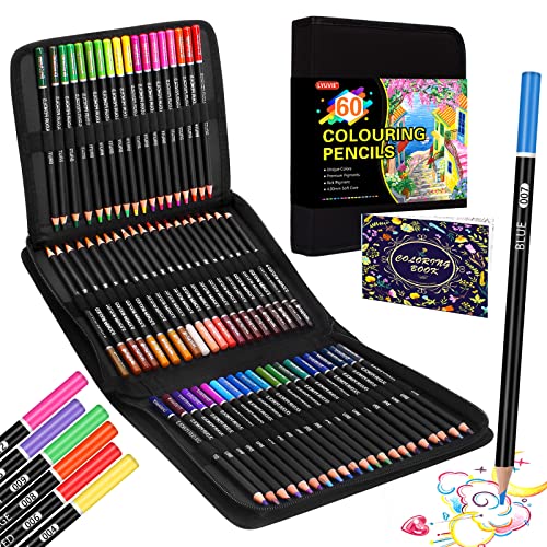 Lyuvie Lapices Colores,60 Lapices de Colores Profesionales con Estuche Negro Portátil y Libro para Niños Adultos Artísticos Esbozar Dibujar Sombrear y Garabatear