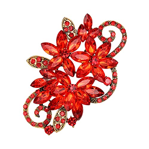 EVER FAITH Broche Mujer Cristal Marquesa de Flor de Inspiración Vintage Pin Rojo Tono Antiguo Dorado