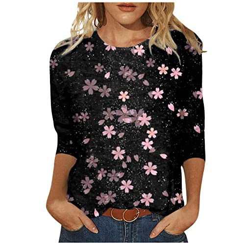 DIYIOUZHOU Camiseta para mujer, informal, de otoño, suave, manga 3/4, holgada, talla grande, cuello redondo, para mujer, algodón, viajes con plumas, 01-negro, XL