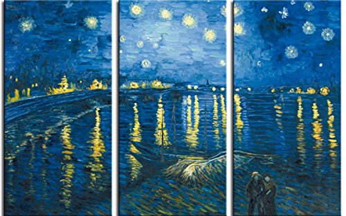 1art1 Vincent Van Gogh Póster Impresión En Lienzo Noche Estrellada Sobre El Ródano, 1888, 3 Partes Cuadro En Bastidor De Camilla De Madera | Mural XXL | Imagen 180x120 cm