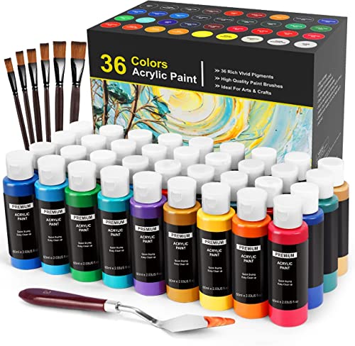 RATEL Juego de Pintura Acrílica, 36 x 60 ml Pigmento de Acrilicos para Pintar con 6 Pinceles 1 Paleta 1 Raspador, para Tela, Cerámica, Arcilla, Madera, para Principiantes y Profesionales