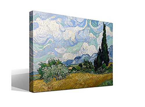 Cuadro wallart - Campo de trigo con cipreses de Vincent Willem van Gogh - Impresión sobre Lienzo de Algodón 100% - Bastidor de Madera 3x3cm - Ancho: 95cm - Alto: 70cm