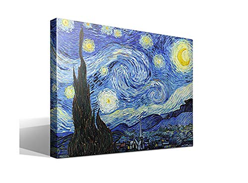 Cuadro wallart - La Noche Estrellada de Vincent Willem Van Gogh - Impresión sobre Lienzo de Algodón 100% - Bastidor de Madera 3x3cm - Ancho: 55cm - Alto: 40cm