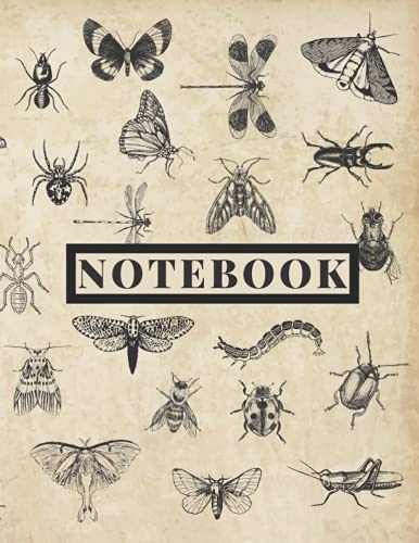 Notebook: Large Size Ruled Paper Pages School Journal with Insects, Butterflies, Ants, Bees, Beetles, Flies, Spiders, Moths, Caterpillars and Mosquitos