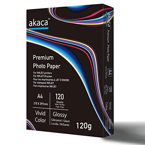 akaca Papel Fotográfico Brillante A4 (210 x 297 mm), 120 Hojas, 120 g/m², Ultra Thin Premium Glossy Photo Paper, para Todas Las Impresoras de Inyección de Tinta