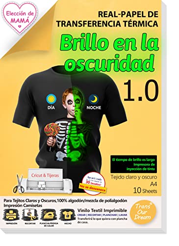 TransOurDream Real - Papel de Transferencia Fácil para usar,Luminoso (verde)(A4x10 Hojas) Inyección de Tinta，Papel de Transferencia Térmica Para Camisetas y Tejidos Oscuros,Glow in the dark(5-10)