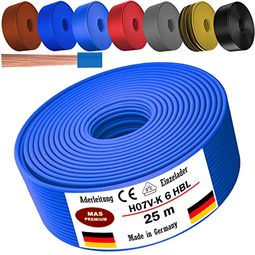 Cable de 5 a 100 m H07 V-K 6 mm² negro, marrón, azul oscuro, amarillo verdoso, gris, rojo o azul claro, cable individual flexible (azul claro, 25 m)