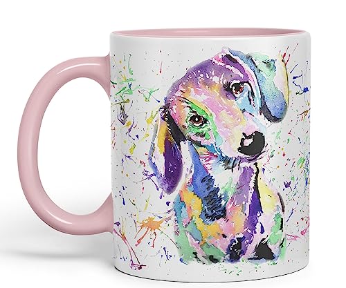 Vixar Dachshund Dog Sausage Wiener Badger Pet Acuarela Arco Iris Arte Cerámica 330 ml Taza de colores Regalo Cumpleaños Trabajo Oficina Navidad Té Café (Rosa)