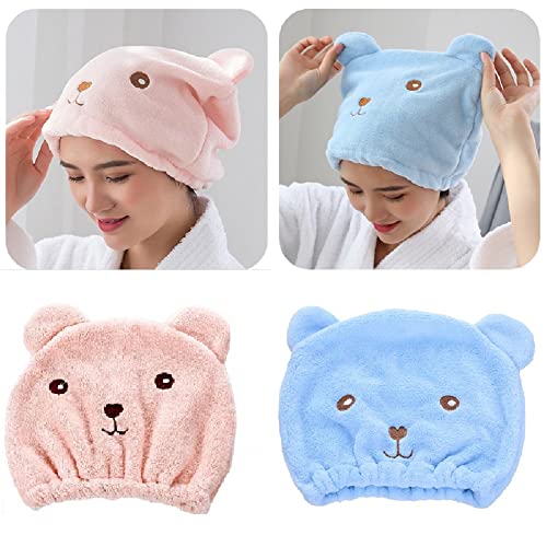 YQBFTC Gorro de microfibra para niños, 2 unidades, gorro de ducha con diseño de oso de dibujos animados, toalla turbante para el pelo, secado rápido, súper absorbente, turbante para mujeres, niñas,