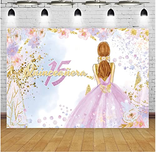 Pancarta de fiesta de cumpleaños para niña de 15 años, estilo de dibujos animados, pintura al óleo, vestido rosa, fondo de disparo de cumpleaños para niña, accesorios de vinilo (7 x 5 pies)