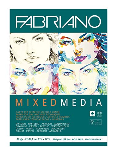 Unbekannt Fabriano Mixed Media-Bloc de Papel para Artistas (DIN A4, 60 Hojas, 160 g/m2, sin ácido con Grano Natural, Adecuado para técnicas de Pintura mojada y Seca), Blanco