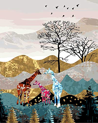 Awesocrafts Kits de pintura por números, diseño de jirafa, montañas, árboles, arte moderno, pintura numérica para adultos y niños, 16 x 20 pulgadas, enmarcado o no (jirafa, enmarcado)