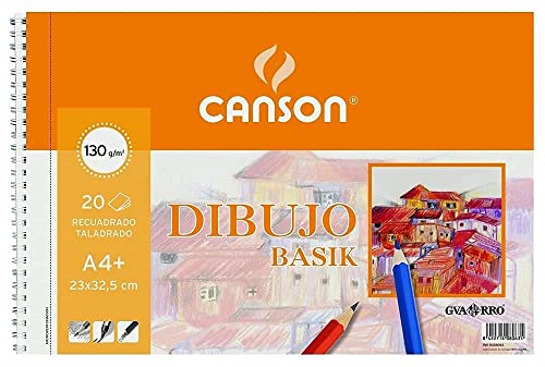 Canson Dibujo Basik Hoja con Recuadro/Taladro, Álbum Espiral Microperforado, A4+ (23x32,5 cm) 20 Hojas 130g