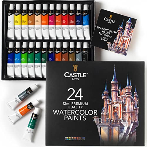 Castle Art Supplies Caja 24 Tubos Pintura de Acuarela 12 ml | Artistas experimentados | Colores Intensos | Basta con Apretar el Tubo, Mezclar con Agua y Crear | En una Maravillosa Caja de Presentación