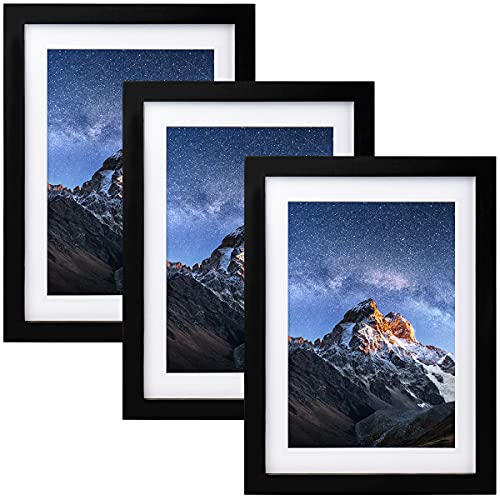Juego de 3 marcos de fotos DIN A4, 21 x 30 cm, con paspartú, marco de madera de densidad media con cristal acrílico irrompible, ideal para collage retratos y certificados, color negro