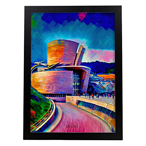 Nacnic Poster de Museo Guggenheim en estilo Pintura al Óleo. Ilustraciones de monumentos y ciudades en estilo fotográfico a todo color. Diseño y Decoración de Interiores. A3 Marcos Negros.