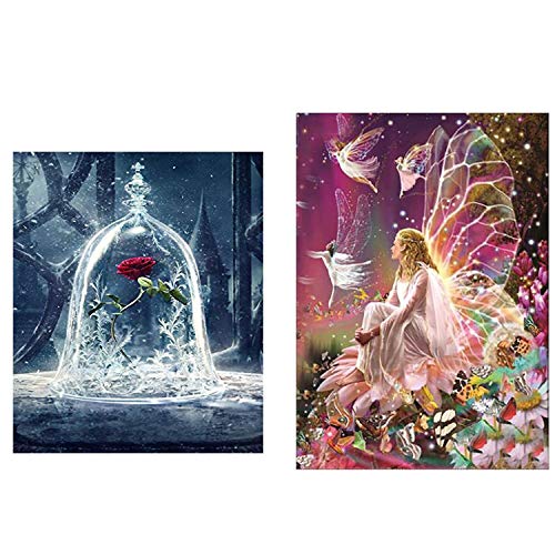 2 piezas de bricolaje 5D Diamond pintura arte completo taladro, flor Queen Elf y belleza y bestia Rose 5D Diamond Art, pintura de diamante conjunto bricolaje Art Deco (30 * 30 cm y 30 * 40 cm)