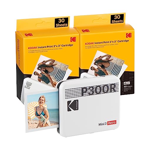 KODAK Mini 3 Retro 4PASS Impresora de Fotos Portátil (7.6x7.6cm) + Pack con 68 Hojas, Blanco