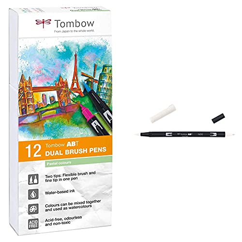 Tombow ABT-12P-2 Fiber Pen Dual Brush Pen con dos puntas Juego de 12 colores pastel + Rotulador con doble punta, color incoloro