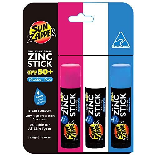 Sun Zapper Zinc Stick Confezione tripla Rosa, Bianco e Blu SPF 50+ Protezione solare colorata all'ossido di zinco, divertente protezione solare
