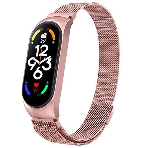 Oumida Correa Compatible con Xiaomi Mi Band 7 Correa, Pulsera de Acero Inoxidable de Metal, Pulseras de Repuesto de Tamaño Ajustable con Imán Fuerte para Xiaomi Smart Band 7, Rosa