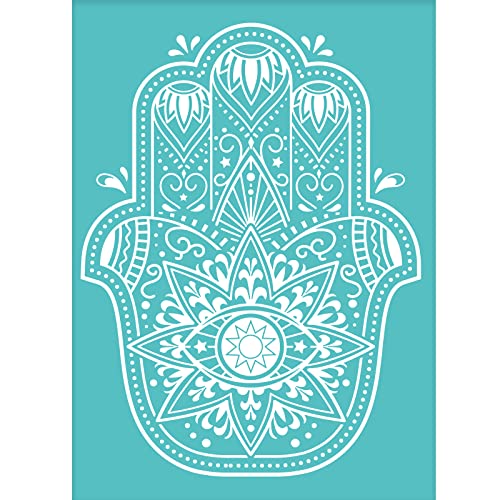 OLYCRAFT 2 plantillas de pantalla de seda Hamsa con patrón de mano autoadhesivo, plantillas reutilizables de serigrafía para pintar en madera, decoración de bricolaje, 14 x 19,5 cm, 5,5 x 7,7 pulgadas