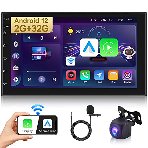 Radio Coche Android 12 DIN 2 Bluetooth 7 Pulgadas 2GB 32GB Apple Carplay Inalámbrico Android Auto, Radio 2 DIN Pantalla Táctil Radio Coche DSP HiFi FM RDS Radio GPS Navegación WiFi USB Cámara Trasera