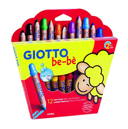 Giotto be-bè 466500 - Estuche 12 súper lápices de colores (mina de 7 mm diámetro, capuchón posterior de seguridad anti-mordedura, anti ahogo y sacapuntas), multicolor