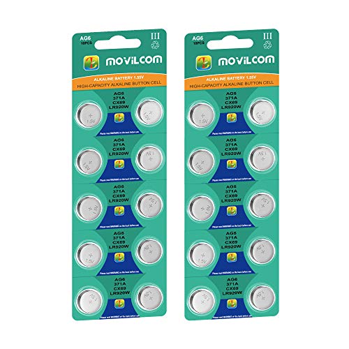 MovilCom® - 20 Pilas botón AG6 Pilas Reloj 1.5V Equivalente a 371, SR920SW, V371, D371, S921E, 605, SR921, LR921, SR69