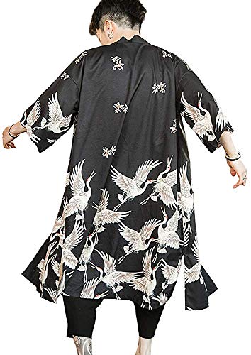 Ambcol Kimono japonés para hombre, suelto, Yukata, ropa de exterior, largo, estilo vintage, Negro -, Medium