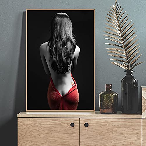 Cuadro en lienzo Vestido rojo sexy Mujer Pintura en lienzo Moda Belleza desnuda Arte de la pared Impresión del cartel Imágenes de arte moderno para la sala de estar Decor del hogar 40x60cm Sin marco