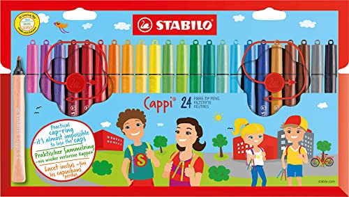 Rotulador escolar con sujeción triangular STABILO Cappi - Estuche de 24 colores - Incluye anilla para no perder los tapones