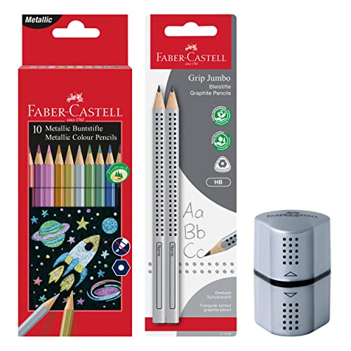 Faber-Castell 205028 - Juego de lápices de colores metálicos, sacapuntas y 2 lápices Jumbo
