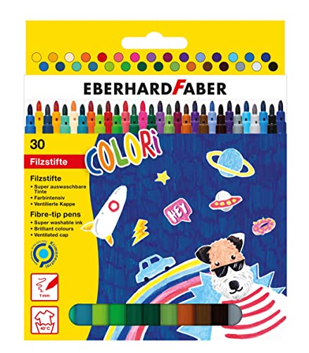 Eberhard Faber 551130 - Rotuladores Colori en 30 colores intensos, grosor de mina 1 mm, lavable, en caja de cartón, para dibujar, pintar, colorear, hacer manualidades y escribir