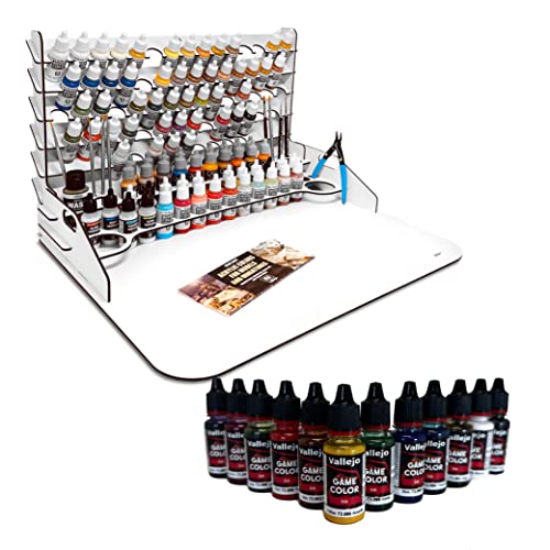 Pinturas Vallejo Nueva gama Reformulada Game Color INK, set de 12 Tintas, y Paint Station Grande con Extension para Pinturas Vallejo, Organizar Botes, Pinceles Miniaturas, Herramientas Modelismo