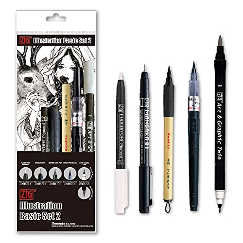 Kuretake ZIG Inktober - Juego especial de tinta (2 unidades, 4 rotuladores negros y 1 pincel blanco, para dibujo de manga, letras y caligrafía, calidad profesional de artista, fabricado en Japón)